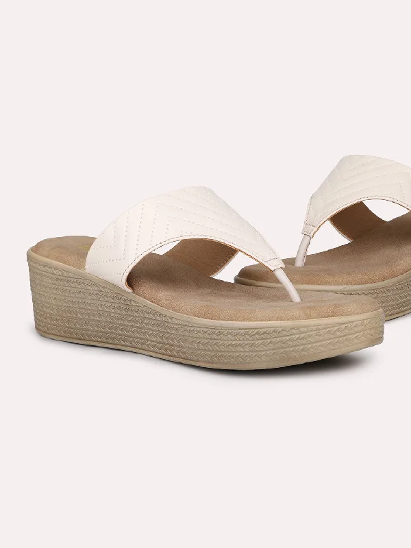 Durable Everyday Shoes Women Cream Solid Textured Wedge Heels