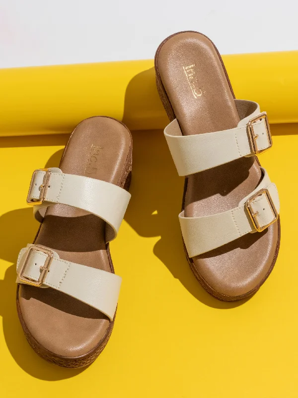 Trendy All-Day Sneakers Women Cream Two Strap Wedge Sandals With Buckles