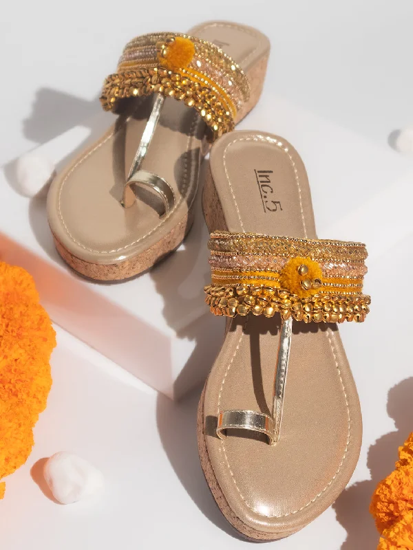 Non-Skid Sneakers Women Gold Embellished One Toe Wedges With Ankle Bells