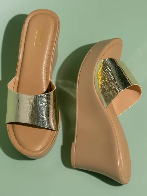 Modern Loafers Women Gold Embellished Open Toe Wedge Heels