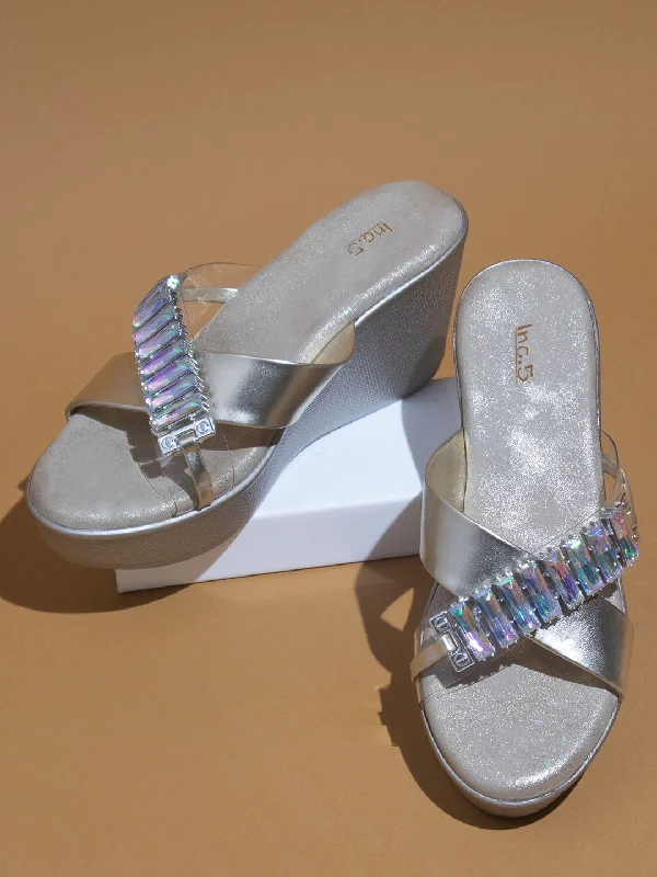 Stylish Travel Shoes Women Gold Embellished Wedge Heel