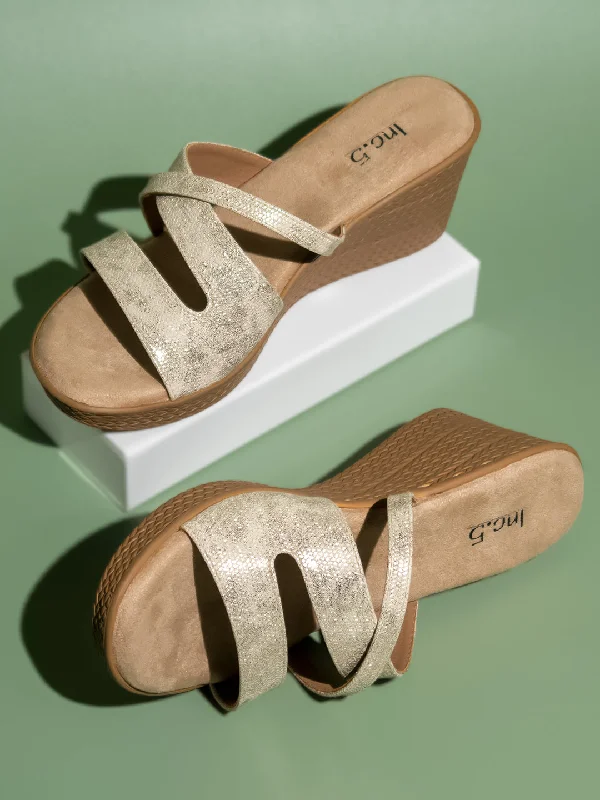 Everyday Sport Sneakers Women Gold Textured Embellished Open Toe Wedge Heels