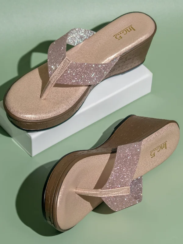 Soft Leather Shoes Women Gold Textured Embellished Open Toe Wedges