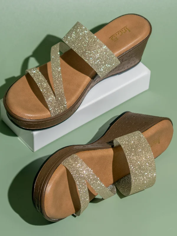 Chic Mesh Sneakers Women Gold Textured Open Toe Wedges