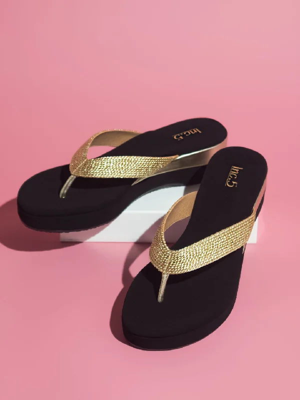 Non-Slip Running Shoes Women Gold Textured Wedges Heels