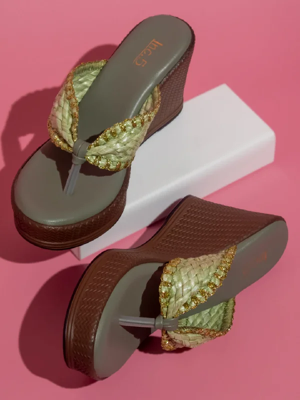 Premium Casual Sneakers Women Green Textured Embellished Wedge Sandals