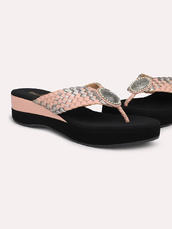 Everyday Lightweight Shoes Women Peach Embellished Wedges Heels