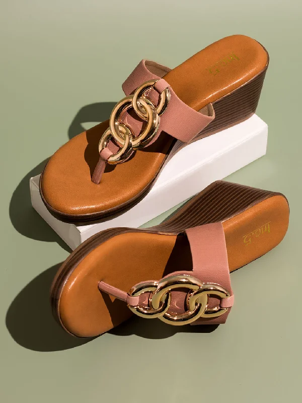 Comfortable Urban Sneakers Women Peach Open Toe Wedges With Buckles Detail