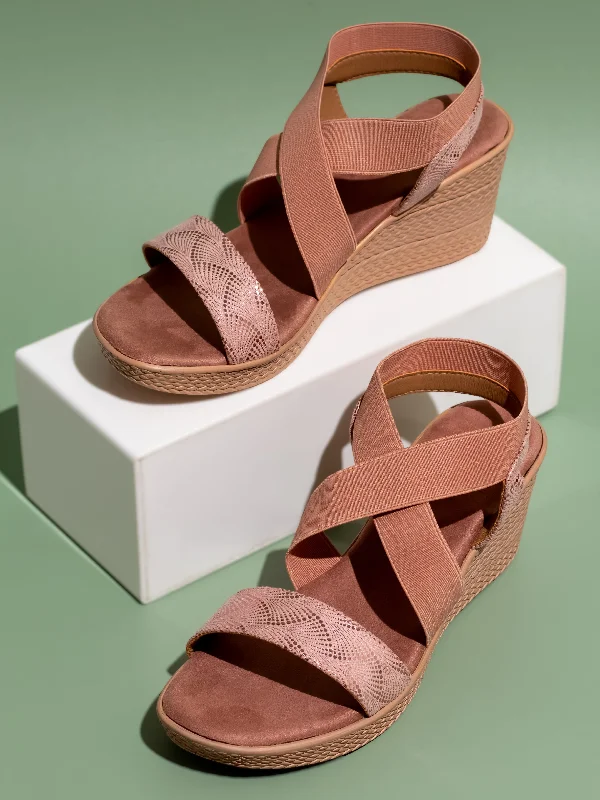Soft Sole Casual Shoes Women Peach Textured Open Toe Wedge Heels