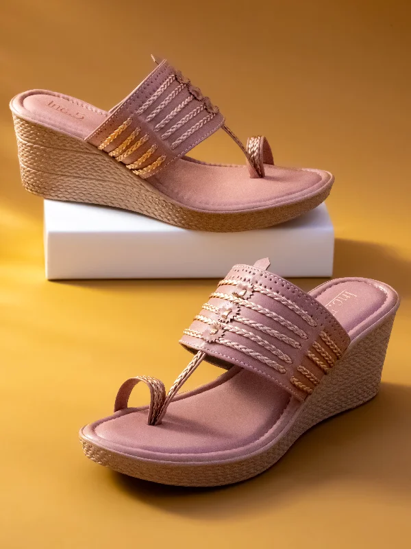 Durable Slip-On Shoes Women Peach Textured Open Toe Wedges