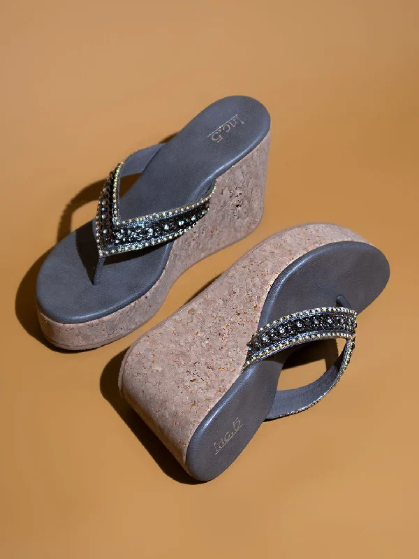 Trendy Walking Sneakers Women Pewter Ethnic Embellished Wedges Heels