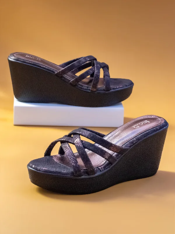 Sporty Slip-On Sneakers Women Pewter Strappy Printed Open Toe Wedge Heels