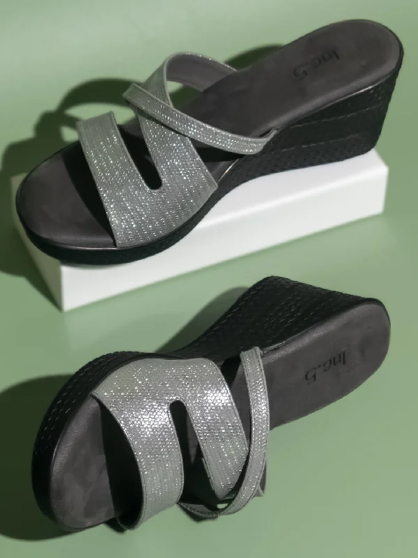Ultra-Soft Walking Shoes Women Pewter Textured Embellished Open Toe Wedge Heels