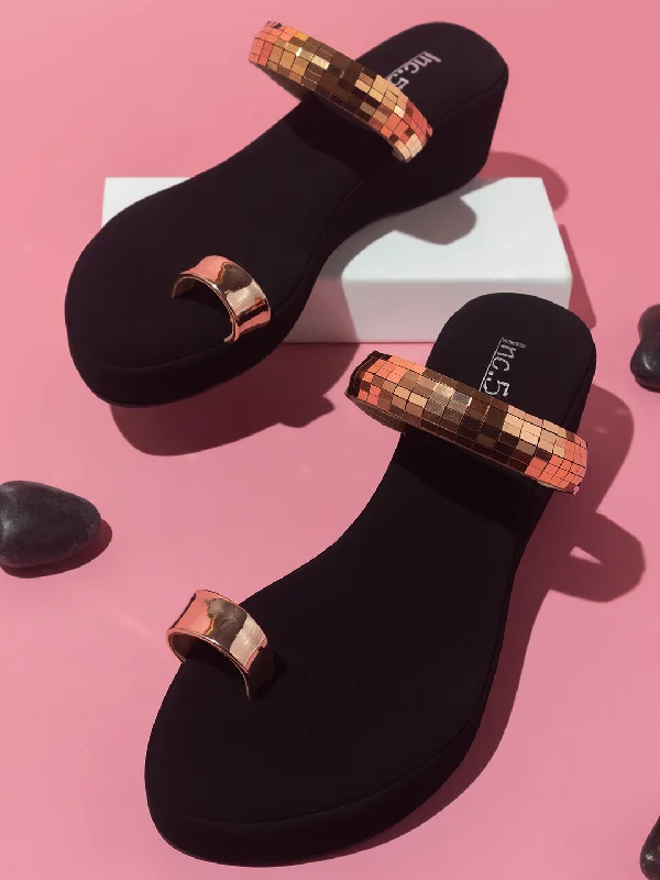 Travel-Ready Sneakers Women Rose Gold Embellished One Toe Wedges
