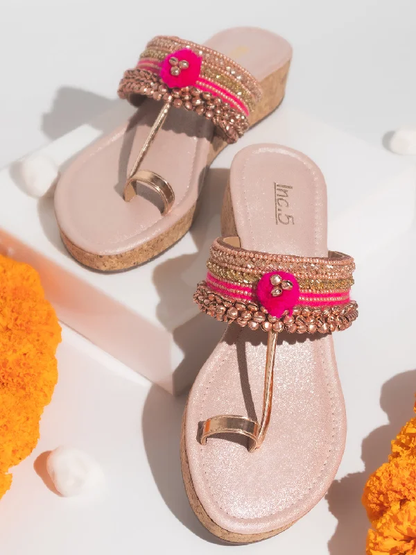 Durable Everyday Shoes Women Rose Gold Embellished One Toe Wedges With Ankle Bells