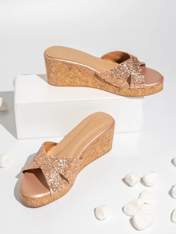 Comfy All-Season Shoes Women Rose Gold Embellished Open Toe Wedges