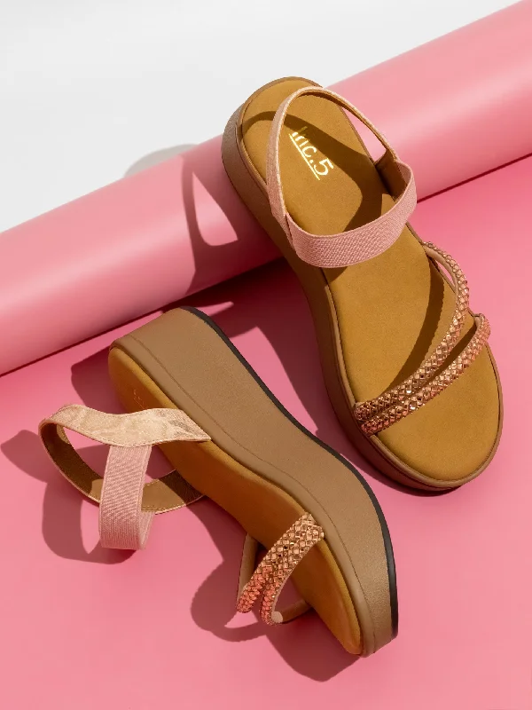 Ergonomic Casual Sneakers Women Rose Gold Embellished Textured Wedge Heels