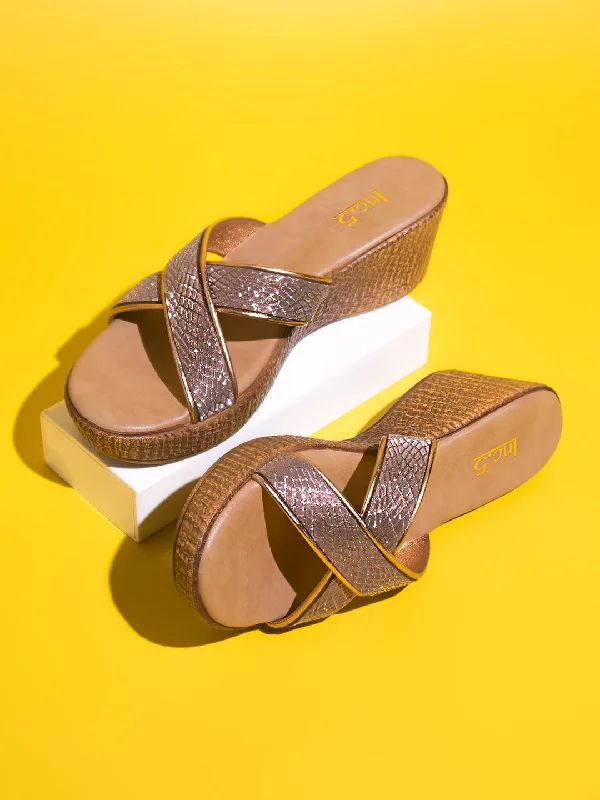 Everyday Lightweight Shoes Women Rose Gold Embellished Wedge Heels