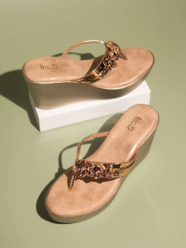Sleek Walking Shoes Women Rose Gold Embellished Wedge Heels