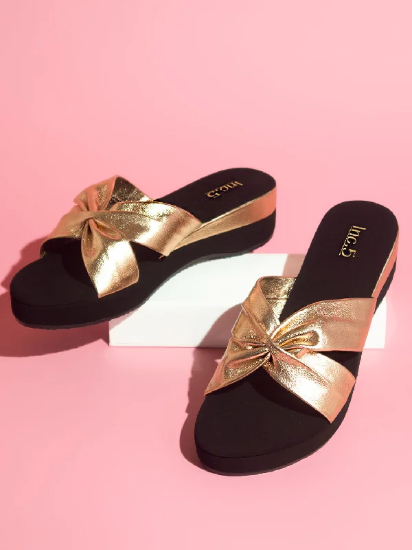 Stylish Slip-On Shoes Women Rose Gold Embellished Wedges Heels