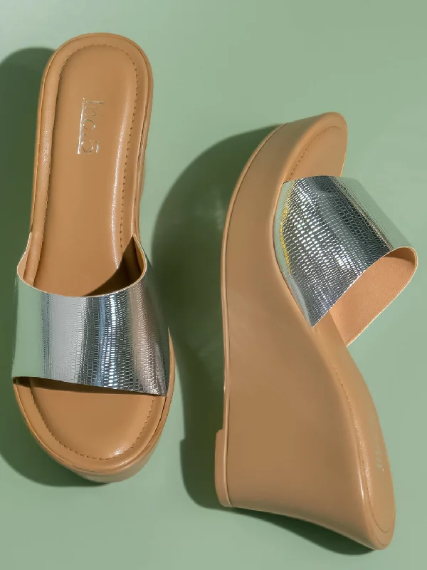 All-Day Running Shoes Women Silver Embellished Open Toe Wedge Heels