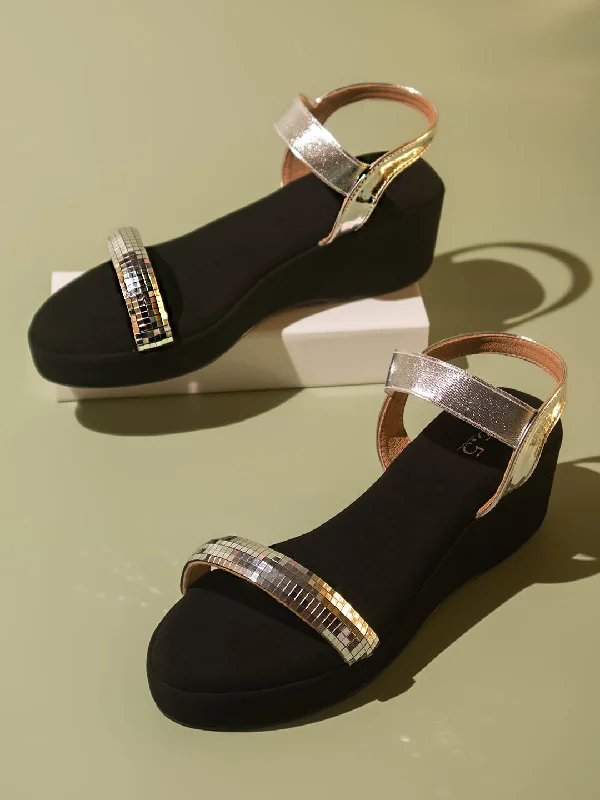 Anti-Slip Running Shoes Women Silver Embellished Party Open Toe Wedges With Backstrap
