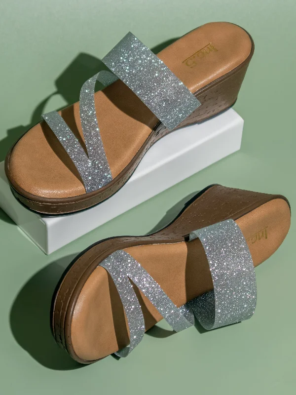 Modern Sport Sneakers Women Silver Textured Open Toe Wedges
