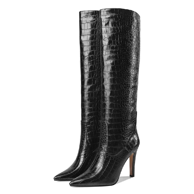 Simple Running Shoes Chic Croc Effect Faux Leather Pointed Toe Knee High Stiletto Boots - Black Simple Running Shoes Chic Croc Effect Faux Leather Pointed Toe Knee High Stiletto Boots - Black