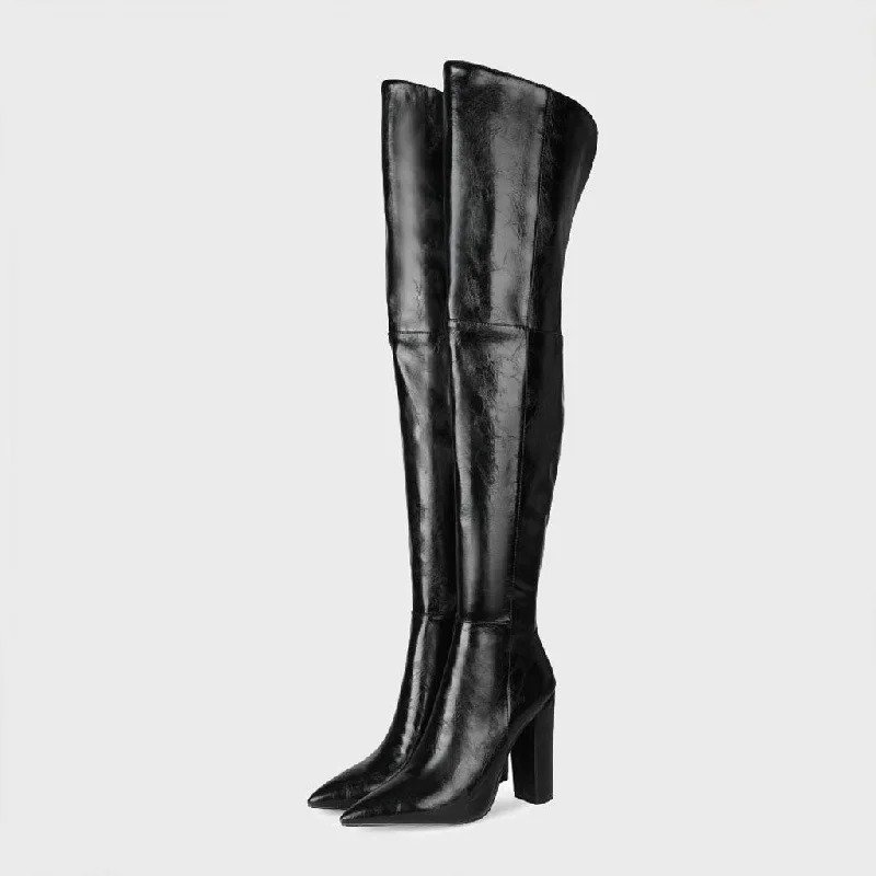 Stylish Travel Shoes Chic Faux Leather Over Knee Pointed Toe Block Heel Boots - Black Stylish Travel Shoes Chic Faux Leather Over Knee Pointed Toe Block Heel Boots - Black