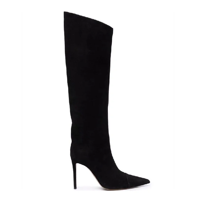 Sporty Travel Sneakers Classy Pointed Toe Knee High Suede Stiletto Boots - Black