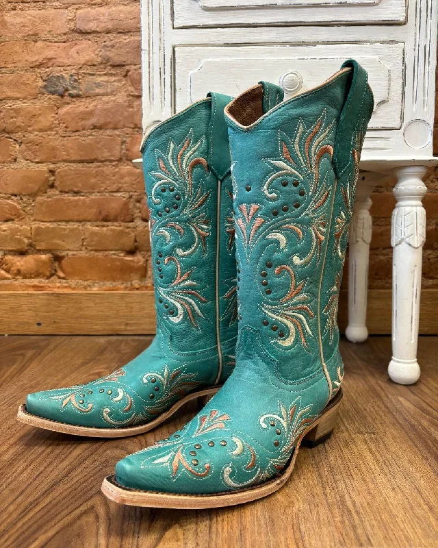 Classic Everyday Shoes Circle G Women's Blue Embroidered & Studs Snip Toe Cowgirl Boots L5965