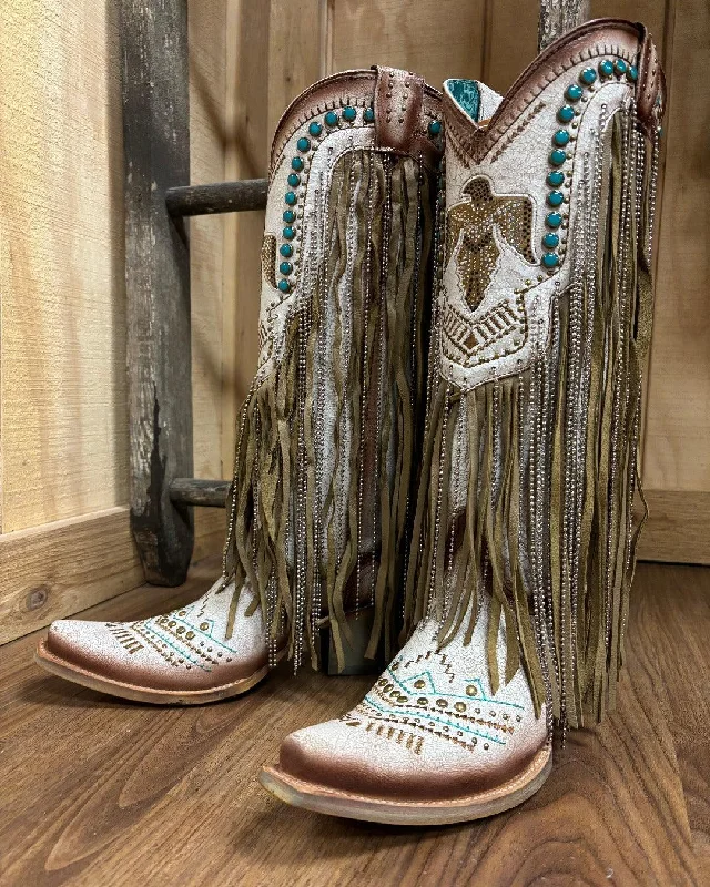 Stylish Running Shoes Corral Women's Beige Eagle Crystals & Studs Fringe Snip Toe Cowgirl Boots C4088