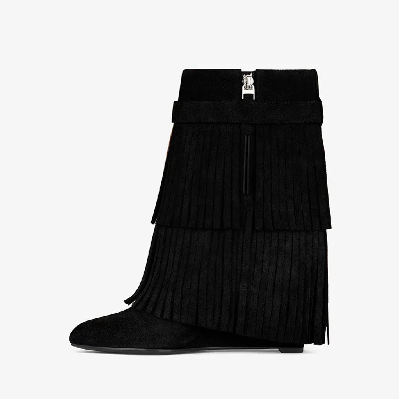 Fashion Running Shoes Edgy Metal Lock Layer Fringe Suede Wedge Heel Ankle Boots - Black Fashion Running Shoes Edgy Metal Lock Layer Fringe Suede Wedge Heel Ankle Boots - Black