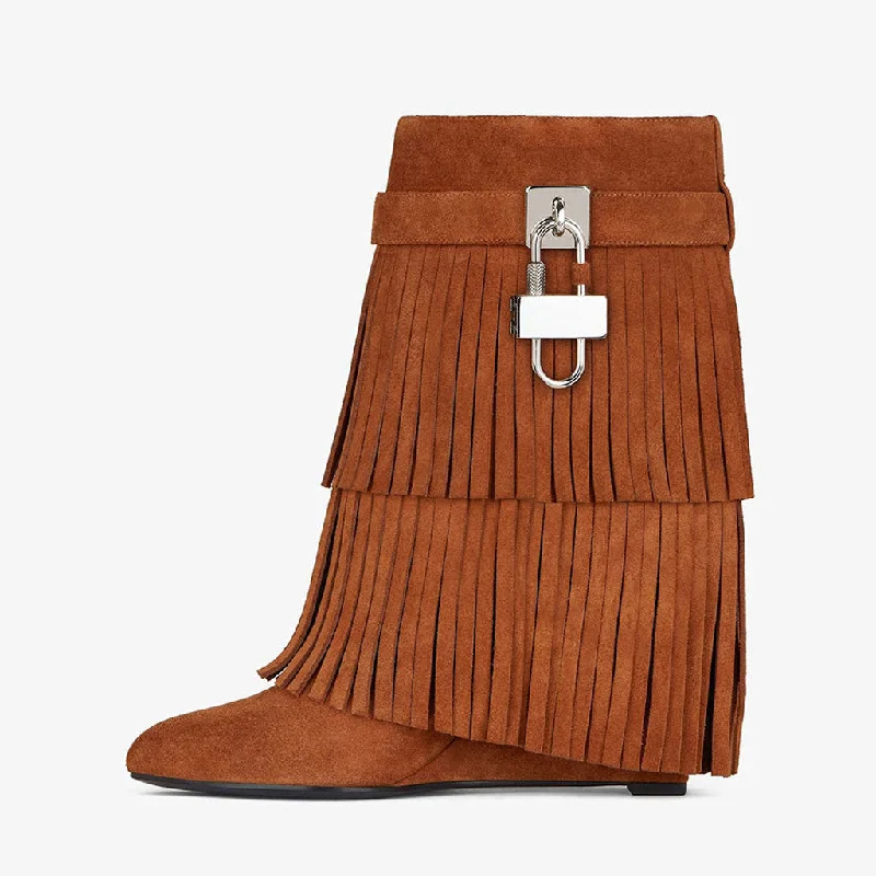 All-Day Running Shoes Edgy Metal Lock Layer Fringe Suede Wedge Heel Ankle Boots - Brown All-Day Running Shoes Edgy Metal Lock Layer Fringe Suede Wedge Heel Ankle Boots - Brown