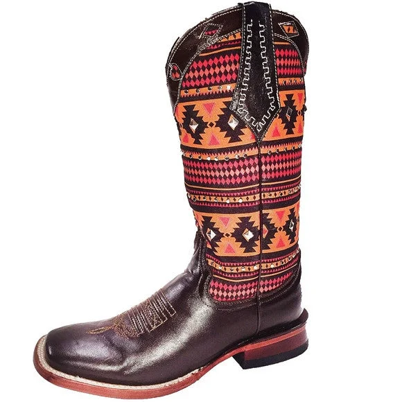 Minimalist Running Shoes Ferrini Women's Orange Aztec Brown Square Toe Boot