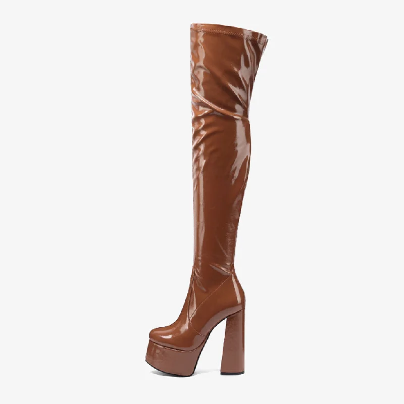 Cloud-Like Sneakers Glossy Patent Leather Over Knee Platform Block Heeled Boots - Caramel Cloud-Like Sneakers Glossy Patent Leather Over Knee Platform Block Heeled Boots - Caramel