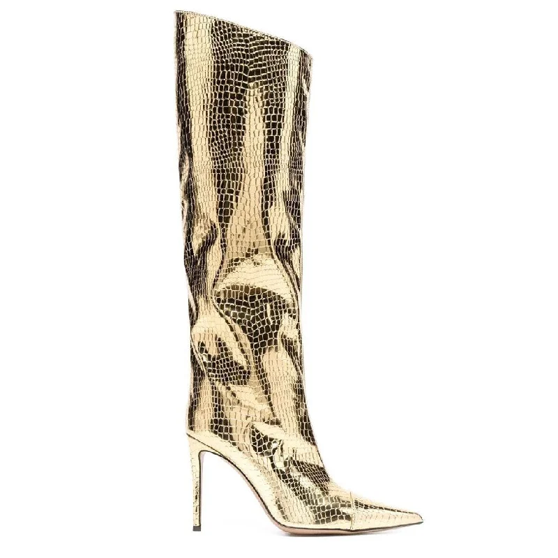 Non-Slip Walking Shoes Metallic Snake Effect Pointed Toe Knee High Stiletto Boots - Gold Non-Slip Walking Shoes Metallic Snake Effect Pointed Toe Knee High Stiletto Boots - Gold