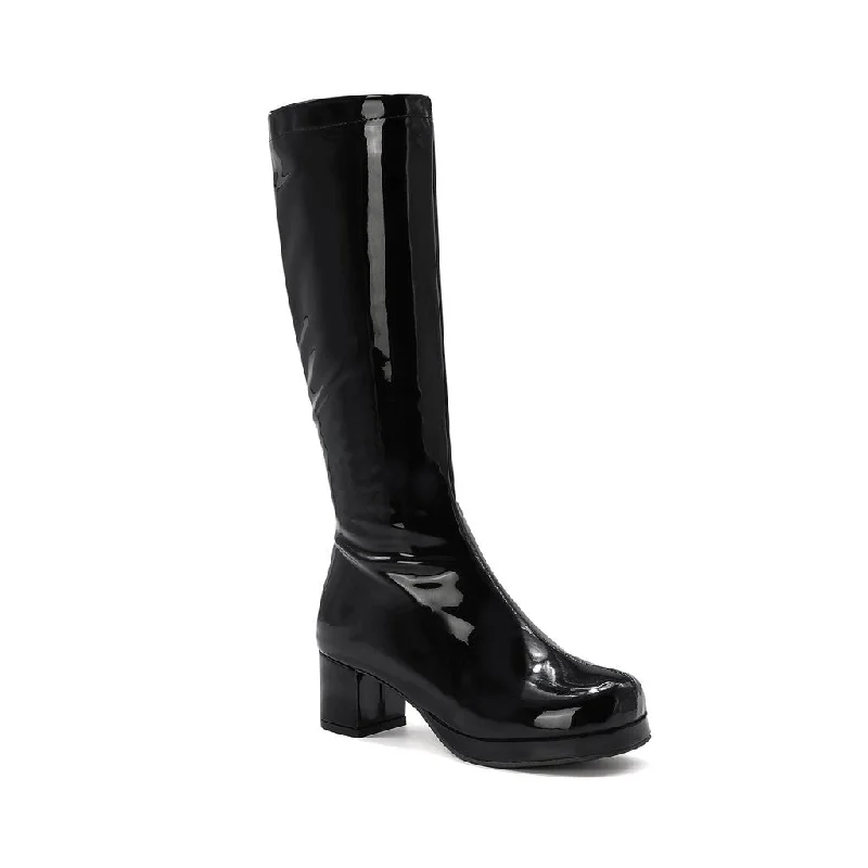 Anti-Slip Running Shoes Polished Round Toe Platform Chunky Heel Mid Calf Boots - Black