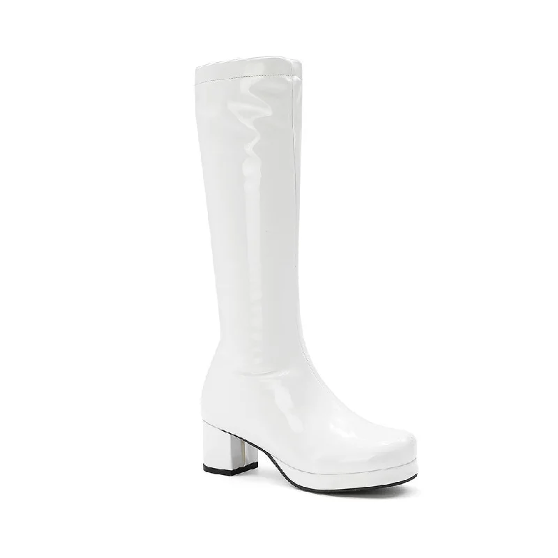 Lightweight Mesh Running Shoes Polished Round Toe Platform Chunky Heel Mid Calf Boots - White Lightweight Mesh Running Shoes Polished Round Toe Platform Chunky Heel Mid Calf Boots - White