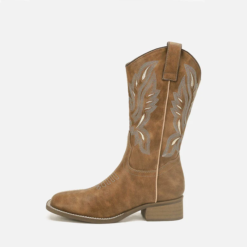 Comfy All-Season Shoes Retro Square Toe Embroidered Faux Leather Mid Calf Cowboy Boots - Brown Comfy All-Season Shoes Retro Square Toe Embroidered Faux Leather Mid Calf Cowboy Boots - Brown