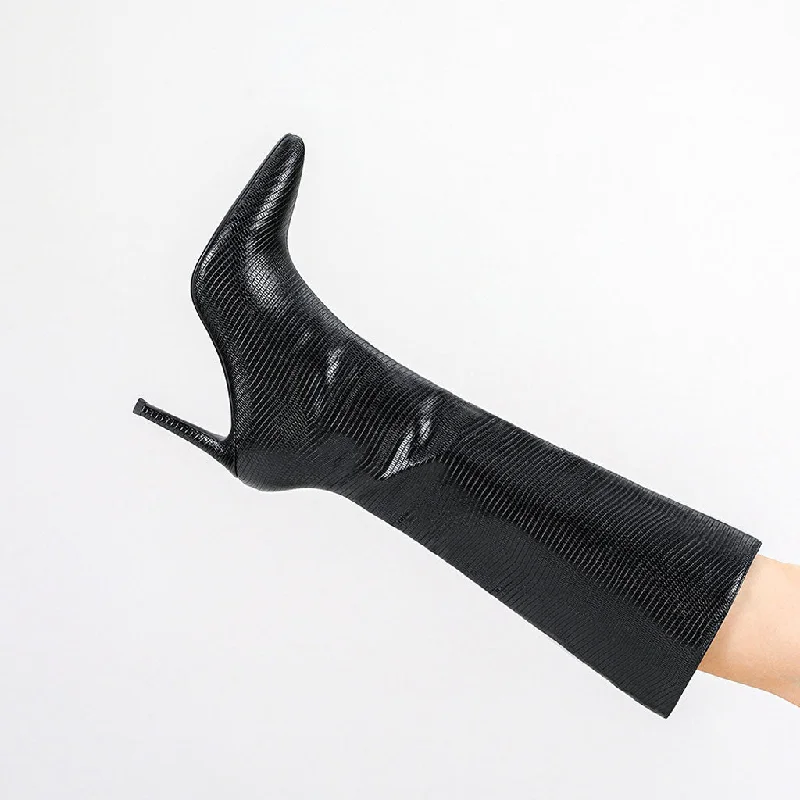Sporty Casual Shoes Snake Effect Leather Pointed Toe Knee High Stiletto Boots - Black Sporty Casual Shoes Snake Effect Leather Pointed Toe Knee High Stiletto Boots - Black