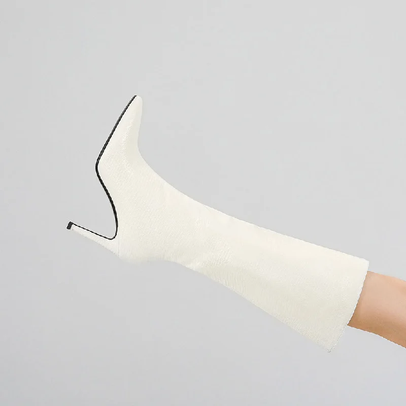 Soft Sole Casual Shoes Snake Effect Leather Pointed Toe Knee High Stiletto Boots - Off White Soft Sole Casual Shoes Snake Effect Leather Pointed Toe Knee High Stiletto Boots - Off White