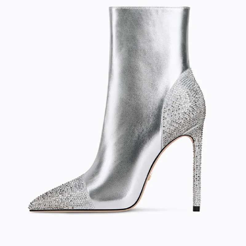 Slip-Resistant Casual Shoes Sparkly Crystal Detail Pointed Toe Stiletto Ankle Boots - Silver Slip-Resistant Casual Shoes Sparkly Crystal Detail Pointed Toe Stiletto Ankle Boots - Silver