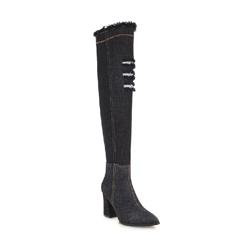 Cushion Foam Sneakers Stylish Distressed Denim Over Knee Pointed Toe Block Heel Boots - Black Cushion Foam Sneakers Stylish Distressed Denim Over Knee Pointed Toe Block Heel Boots - Black