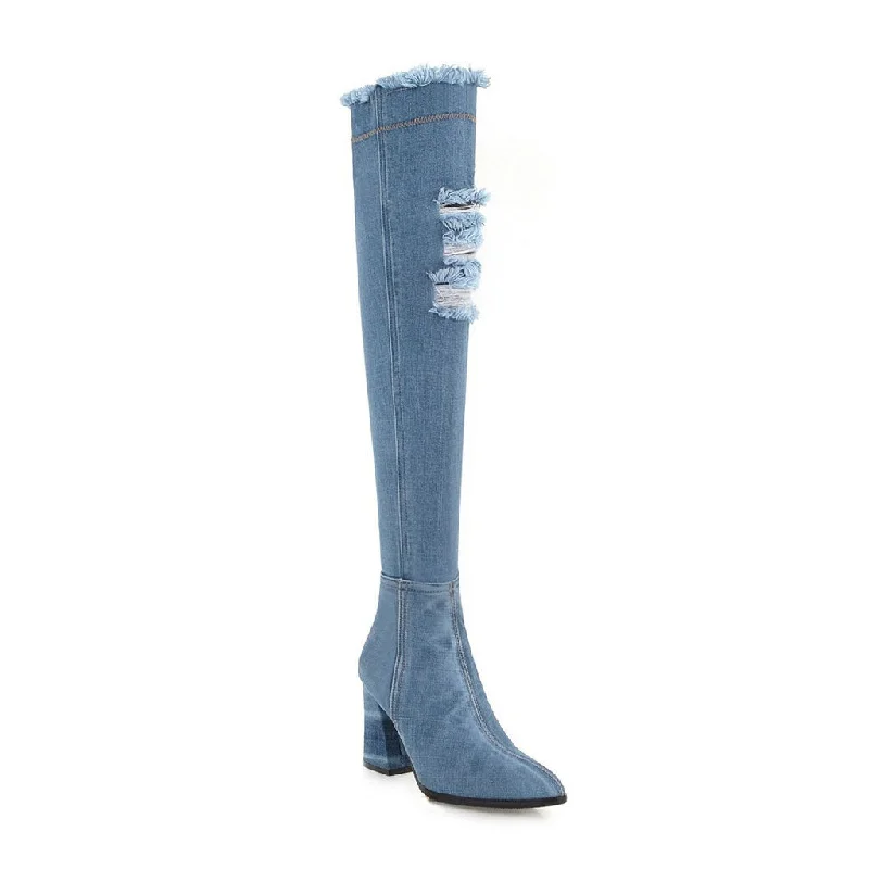 Trendy Athletic Shoes Stylish Distressed Denim Over Knee Pointed Toe Block Heel Boots - Light Blue Trendy Athletic Shoes Stylish Distressed Denim Over Knee Pointed Toe Block Heel Boots - Light Blue