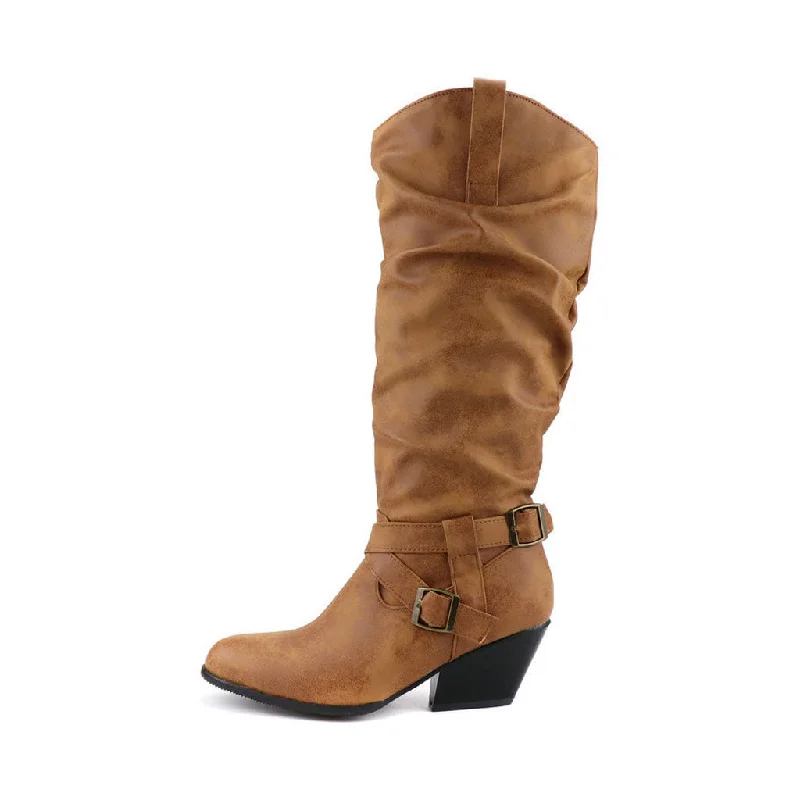 Ultra-Stretch Sneakers Vintage Round Toe Knee High Sculpted Heel Cowboy Boots - Light Brown Ultra-Stretch Sneakers Vintage Round Toe Knee High Sculpted Heel Cowboy Boots - Light Brown